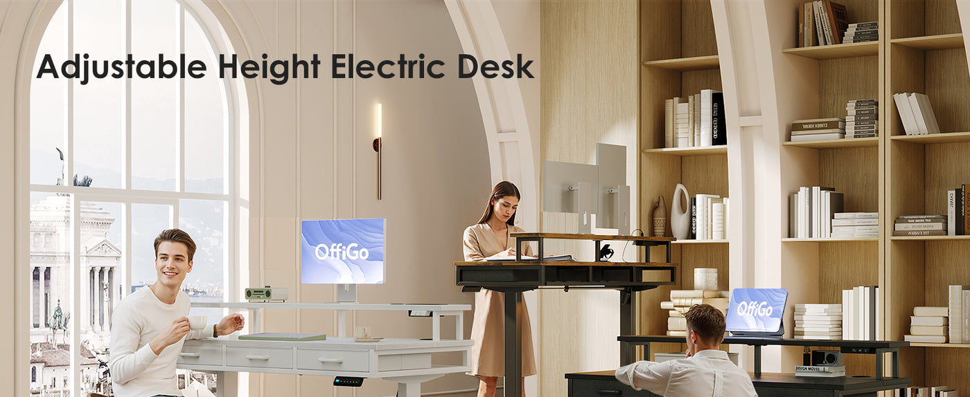 OffiGo Electric Standing Desk, 120 X 54cm Height Adjustable Desk with 3 Drawers, RGB LED Strip, White