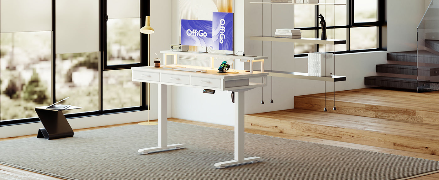 OffiGo Electric Standing Desk, 120 X 54cm Height Adjustable Desk with 3 Drawers, RGB LED Strip, White