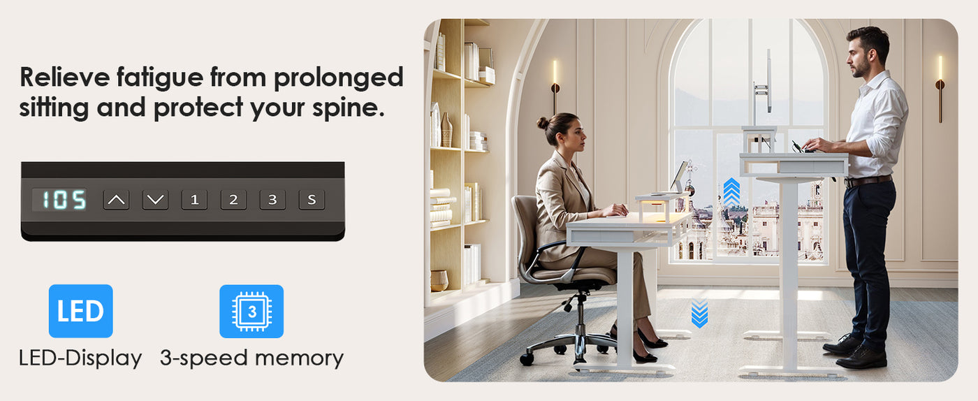 OffiGo Electric Standing Desk, 120 X 54cm Height Adjustable Desk with 3 Drawers, RGB LED Strip, White