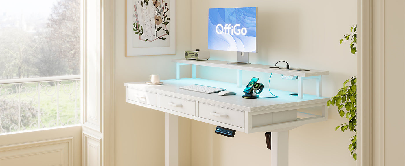 OffiGo Electric Standing Desk, 120 X 54cm Height Adjustable Desk with 3 Drawers, RGB LED Strip, White