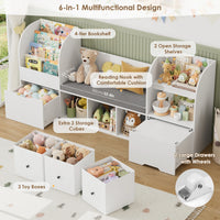 Getone 180.5cm Kids Toy Storage Unit 4-tier Kids Bookshelf with Storage Bench Childrens Bookcase Toy Organiser with 2 Drawers on Wheels, 3 Fabric Drawers for Nursery Playroom Furniture 180.5x35.2x80cm