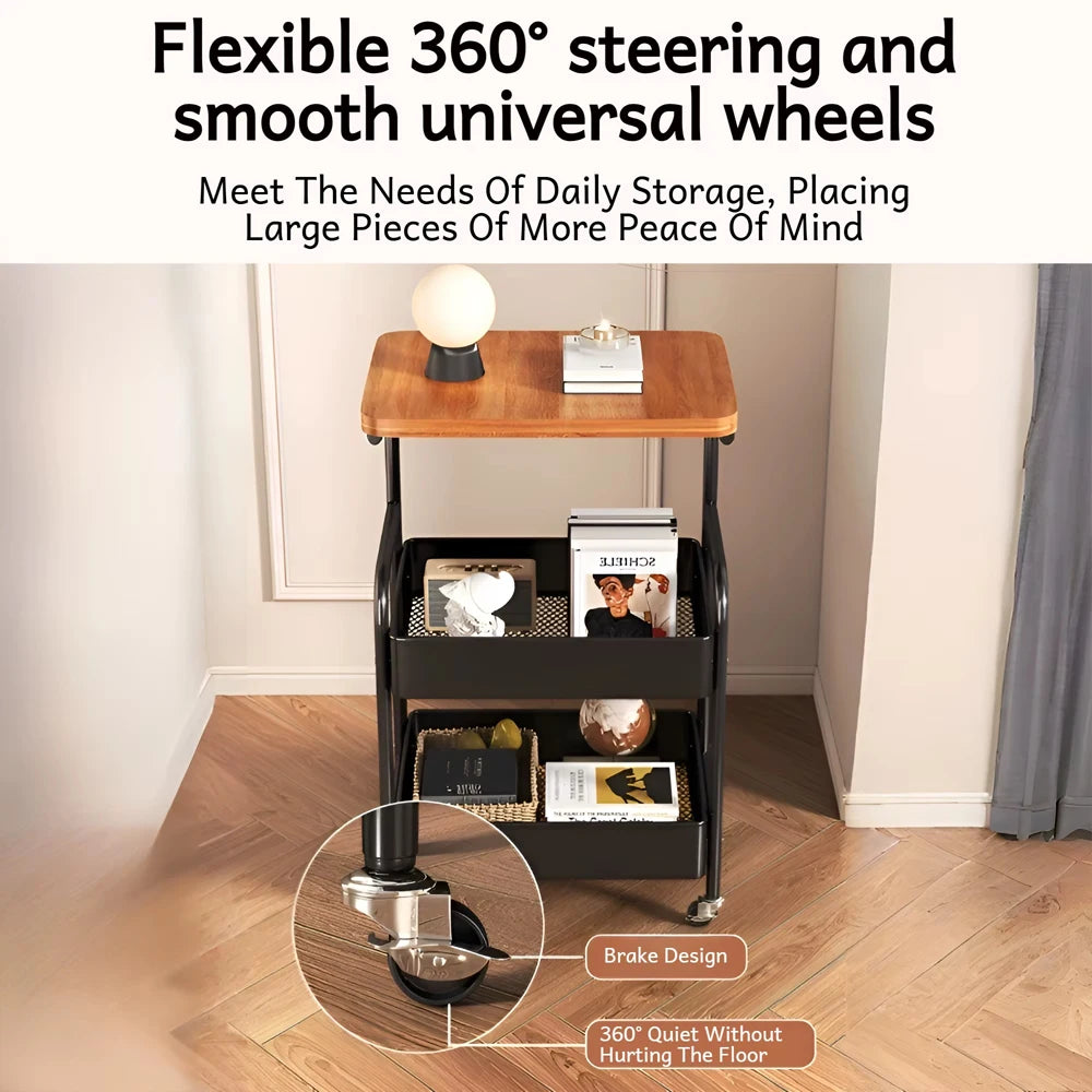 Rolling Snack Stand 2-Tier Storage Cart Side Table Trolley,Metal Serving Cart Carbon Steel Mobile Bar Trolley with Wheels for Living Room Kitchen Casters Tabletop