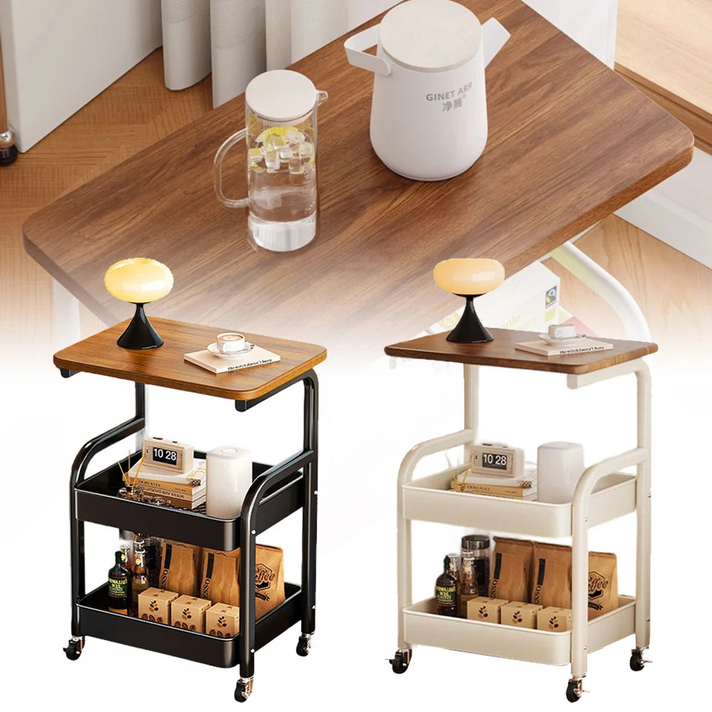 Rolling Snack Stand 2-Tier Storage Cart Side Table Trolley,Metal Serving Cart Carbon Steel Mobile Bar Trolley with Wheels for Living Room Kitchen Casters Tabletop