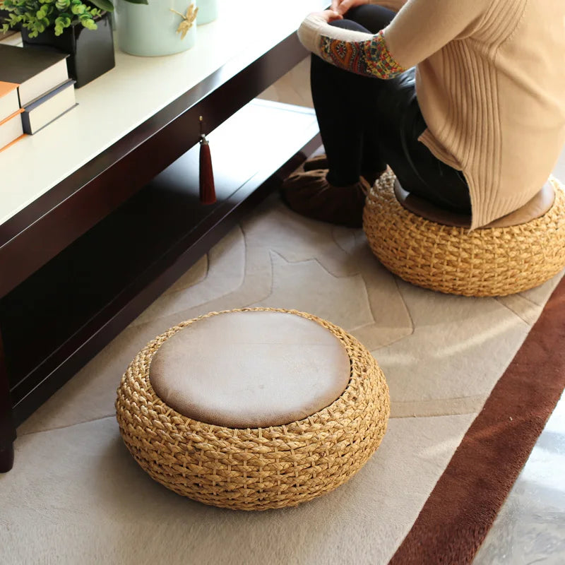 Knitted Leather Seat Pouf