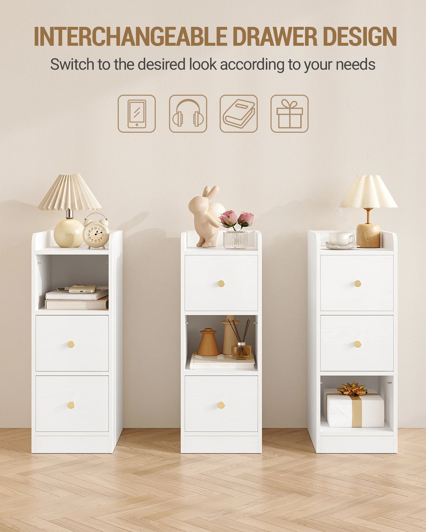 Slim Bedside Table, Narrow Side Table with 2 Drawers, Bedside Cabinet with Open Compartment, Adjustable Drawer Position