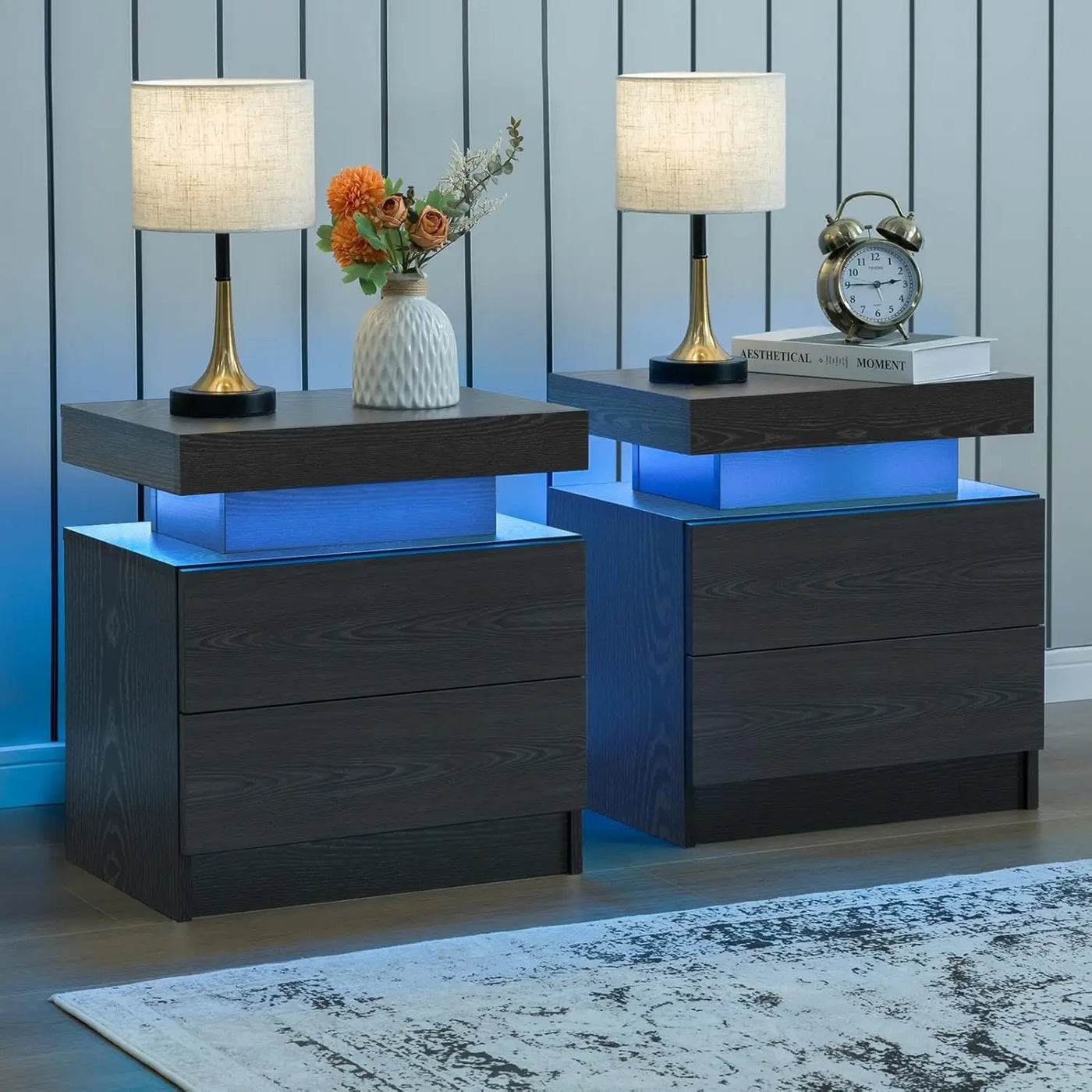 Nightstand Set of 2 LED Nightstand with 2 Drawers, Bedside Table with Drawers for Bedroom, Side Bed Table with LED, Customized