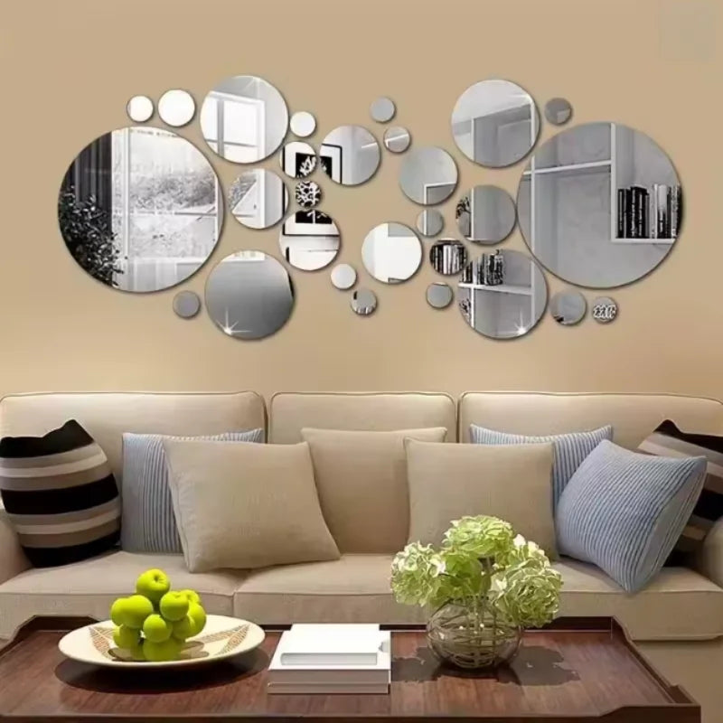 26pcs/Set 3D Round Mirror Wall Sticker Self-Adhesive Diy Decoration Bedroom Living Room Bathroom Background Decoration