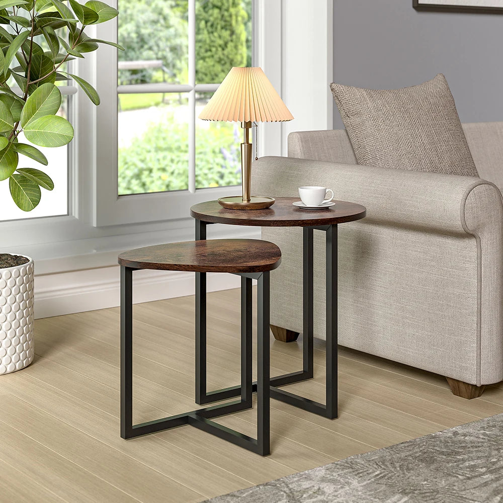 Voltsify Brown Round and Triangular Wooden Tabletop Nesting Side Table Set Modern Coffee Table Bedside Table