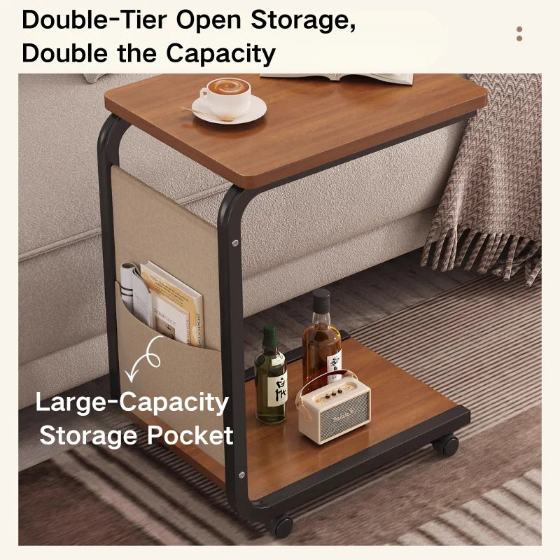 C Shaped Side Table 2-Tier Open Storage 60KG Load Capacity Versatile End Table with Storage Bag for Living Room Bedroom Office