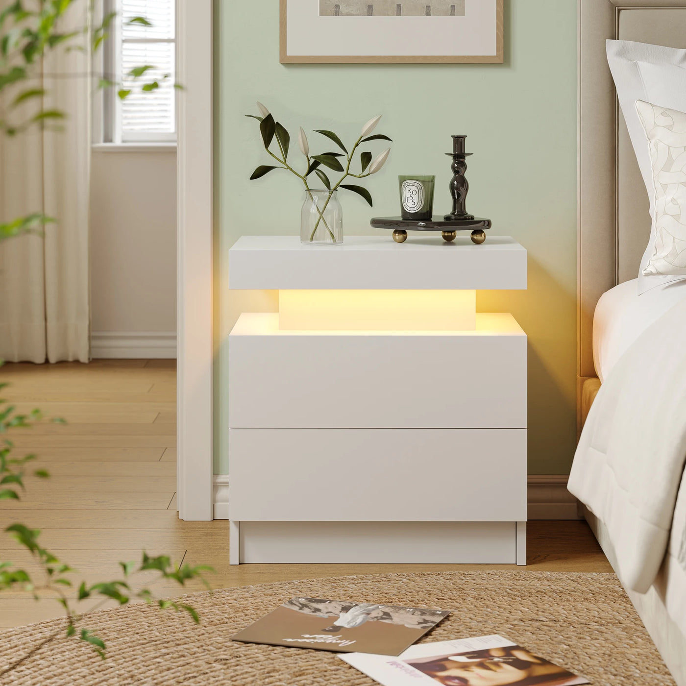 Cubehom LED Bedside Table with 2 Drawers Modern Bedside Table LED Nightstands for Bedroom