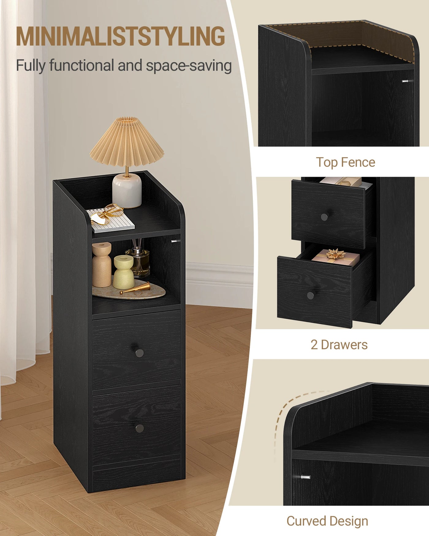 Slim Bedside Table, Narrow Side Table with 2 Drawers, Bedside Cabinet with Open Compartment, Adjustable Drawer Position
