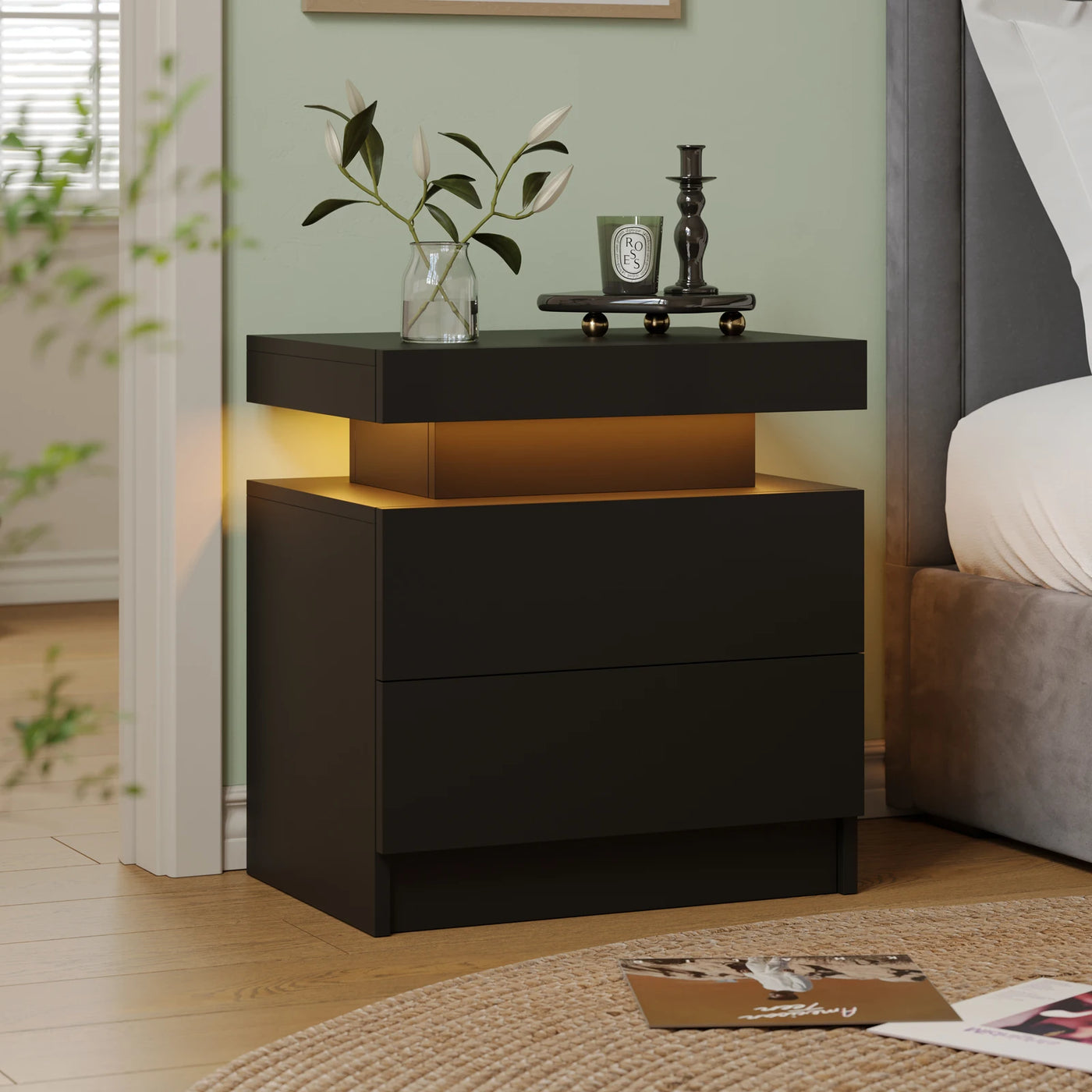 Cubehom LED Bedside Table with 2 Drawers Modern Bedside Table LED Nightstands for Bedroom