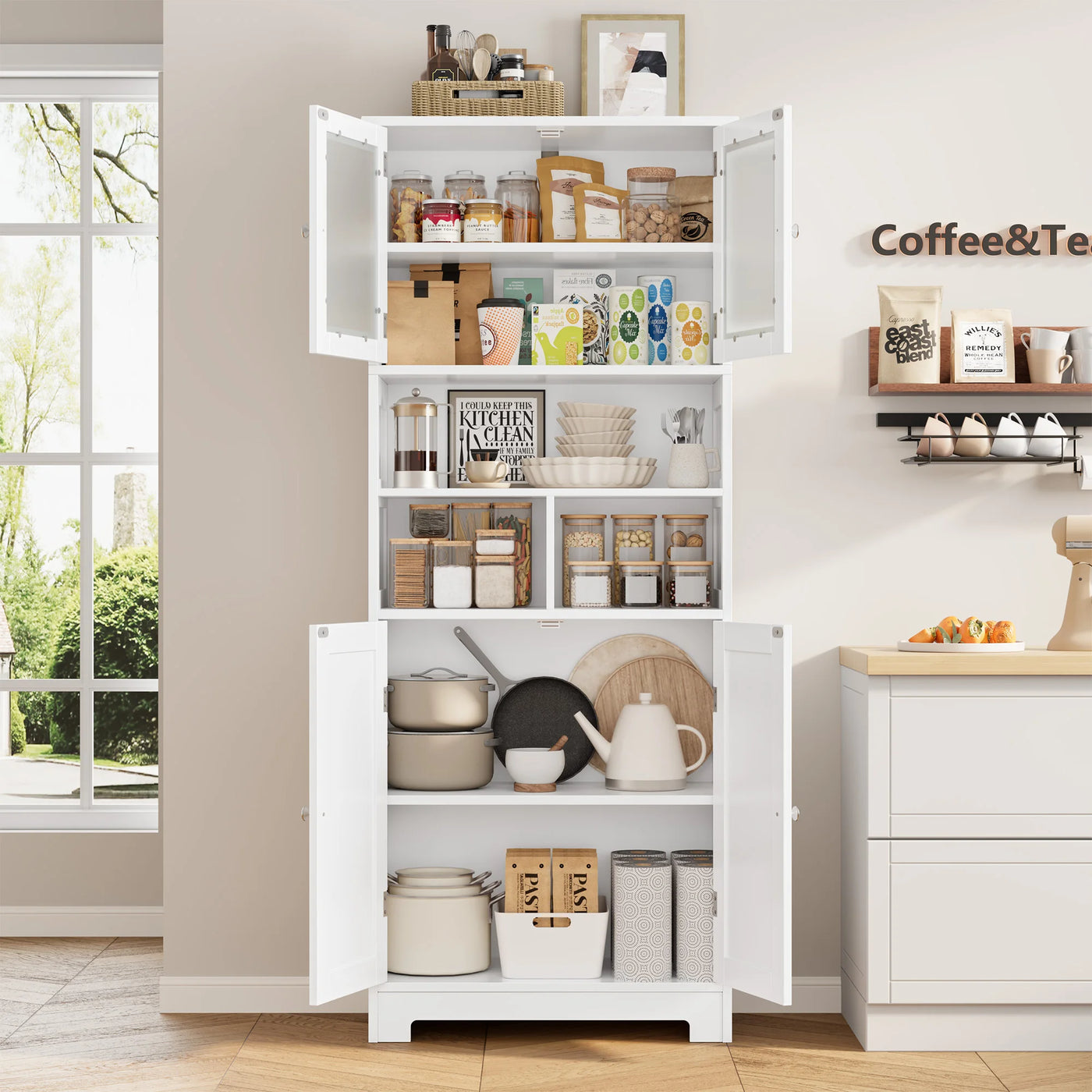 Bathroom wardrobe High, Bathroom wardrobe High wardrobe with 4 Doors Adjustable Floor Kitchen wardrobe High wardrobe Wood
