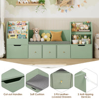 Getone 180.5cm Kids Toy Storage Unit 4-tier Kids Bookshelf with Storage Bench Childrens Bookcase Toy Organiser with 2 Drawers on Wheels, 3 Fabric Drawers for Nursery Playroom Furniture 180.5x35.2x80cm