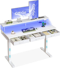 OffiGo Electric Standing Desk, 120 X 54cm Height Adjustable Desk with 3 Drawers, RGB LED Strip, White