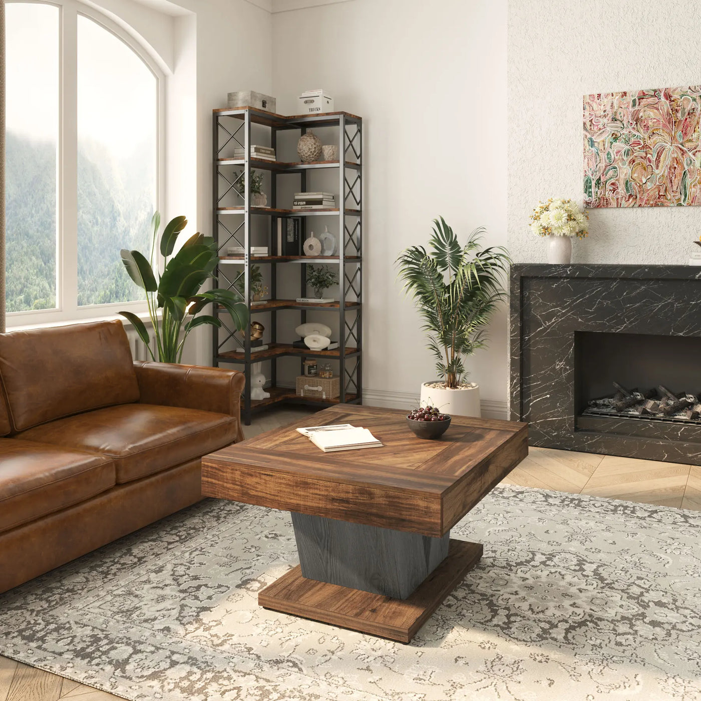 Tribesigns 80cm Square Coffee Table in Rustic Brown & Black - Modern Wooden Centre Table for Living Room