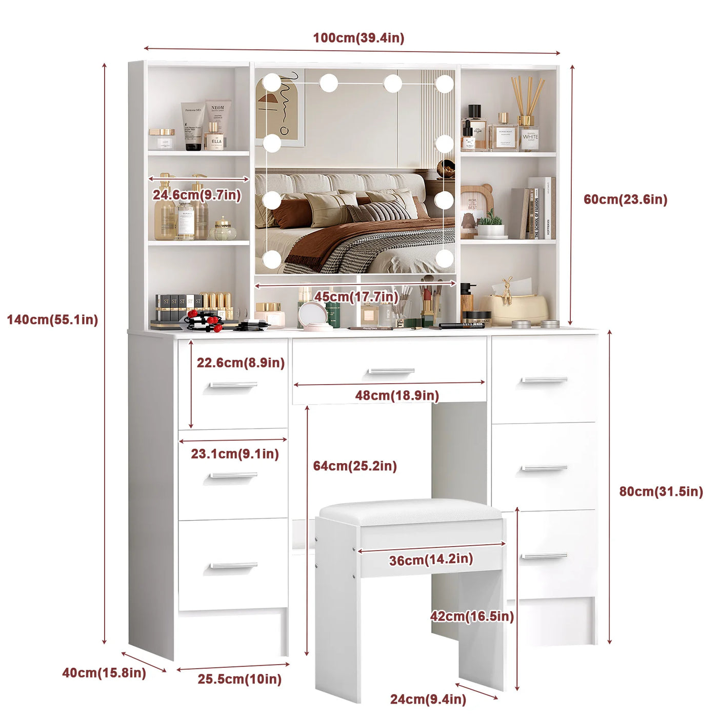 Minimalist Natural Wood Vanity with Light-Up Mirror – 3 Light Modes, Slide-Out Drawers & Shelves