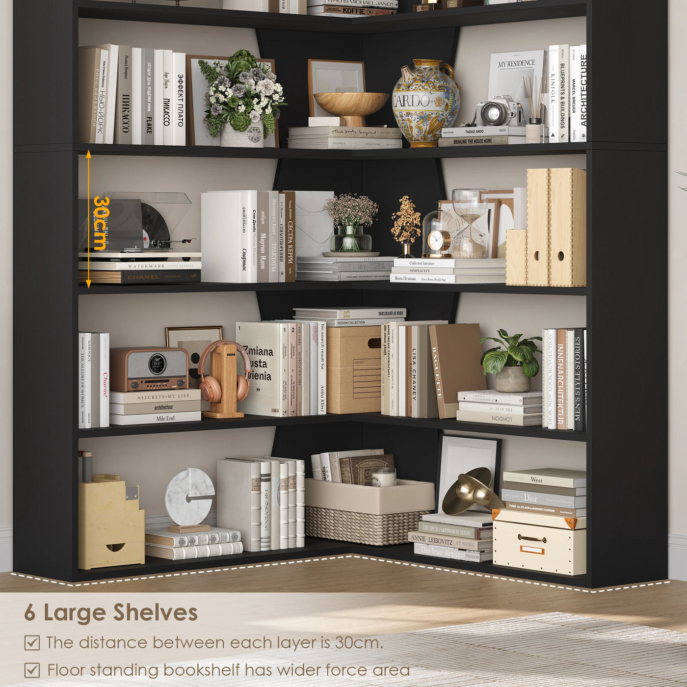 Getone 190cm bookshelf, high corner shelf with 6 levels, books wardrobe corner bookshelf living room, study 90x90x190.5cm