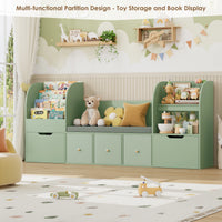 Getone 180.5cm Kids Toy Storage Unit 4-tier Kids Bookshelf with Storage Bench Childrens Bookcase Toy Organiser with 2 Drawers on Wheels, 3 Fabric Drawers for Nursery Playroom Furniture 180.5x35.2x80cm