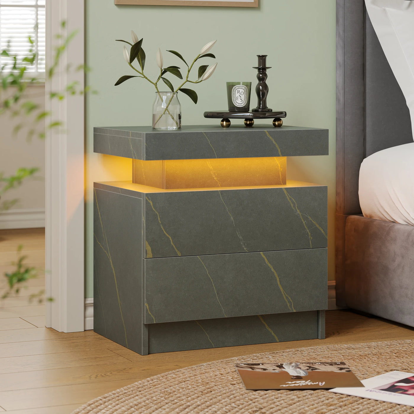 Cubehom LED Bedside Table with 2 Drawers Modern Bedside Table LED Nightstands for Bedroom