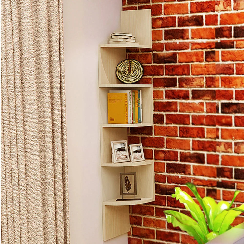 Haodirect 3/5 Layer Wooden Corner Shelf Living Room Bedroom Bookcase Floating Corner Shelf Modern Simple Home Decoration