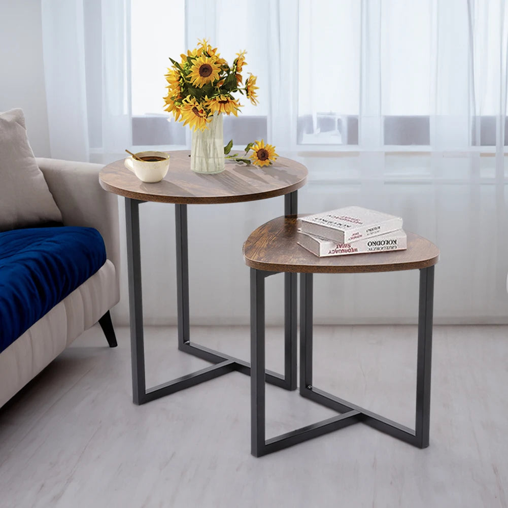 Voltsify Brown Round and Triangular Wooden Tabletop Nesting Side Table Set Modern Coffee Table Bedside Table