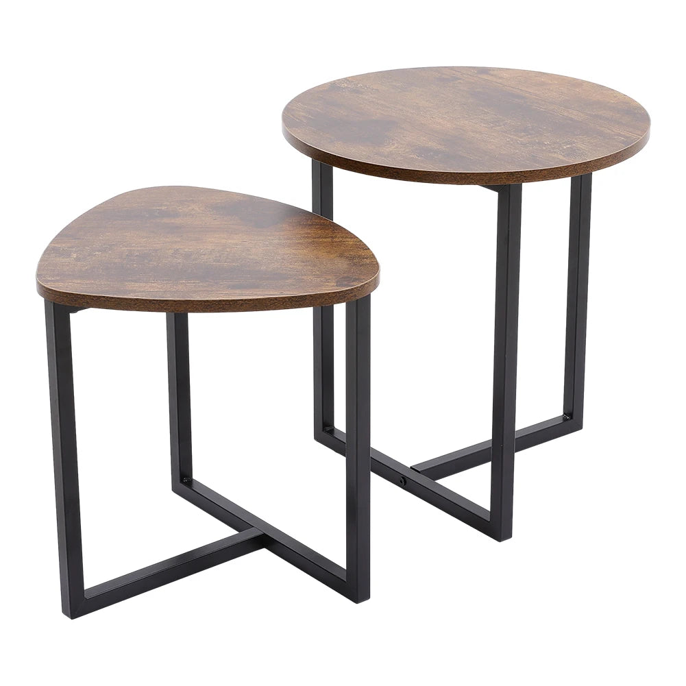 Voltsify Brown Round and Triangular Wooden Tabletop Nesting Side Table Set Modern Coffee Table Bedside Table