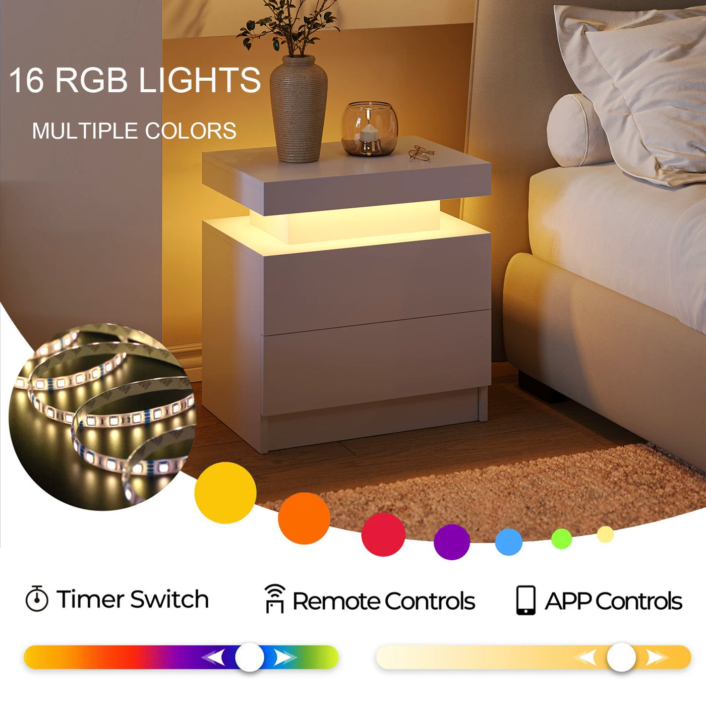 Cubehom LED Bedside Table with 2 Drawers Modern Bedside Table LED Nightstands for Bedroom