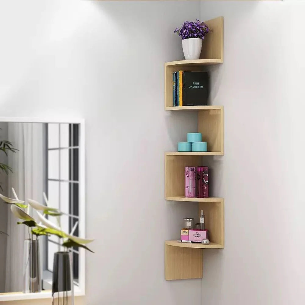 Haodirect 3/5 Layer Wooden Corner Shelf Living Room Bedroom Bookcase Floating Corner Shelf Modern Simple Home Decoration