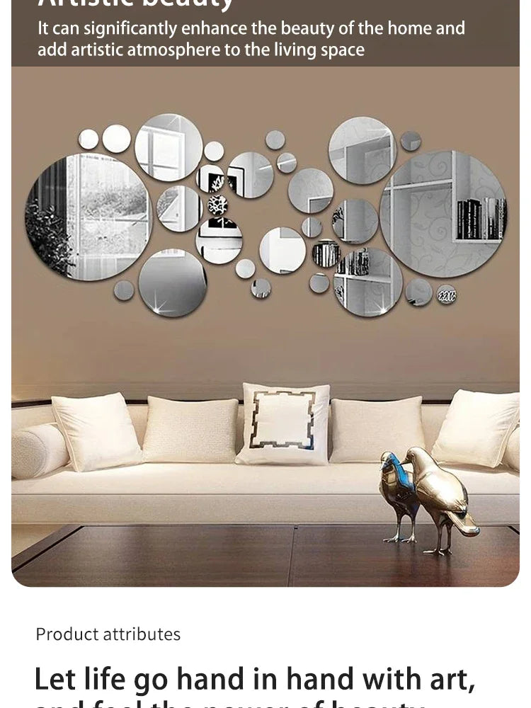 26pcs/Set 3D Round Mirror Wall Sticker Self-Adhesive Diy Decoration Bedroom Living Room Bathroom Background Decoration