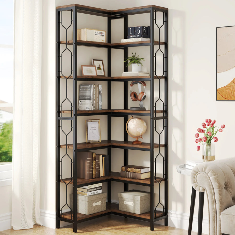 7-Tier Industrial Corner Bookshelf – Wood & Metal Etagere, Freestanding