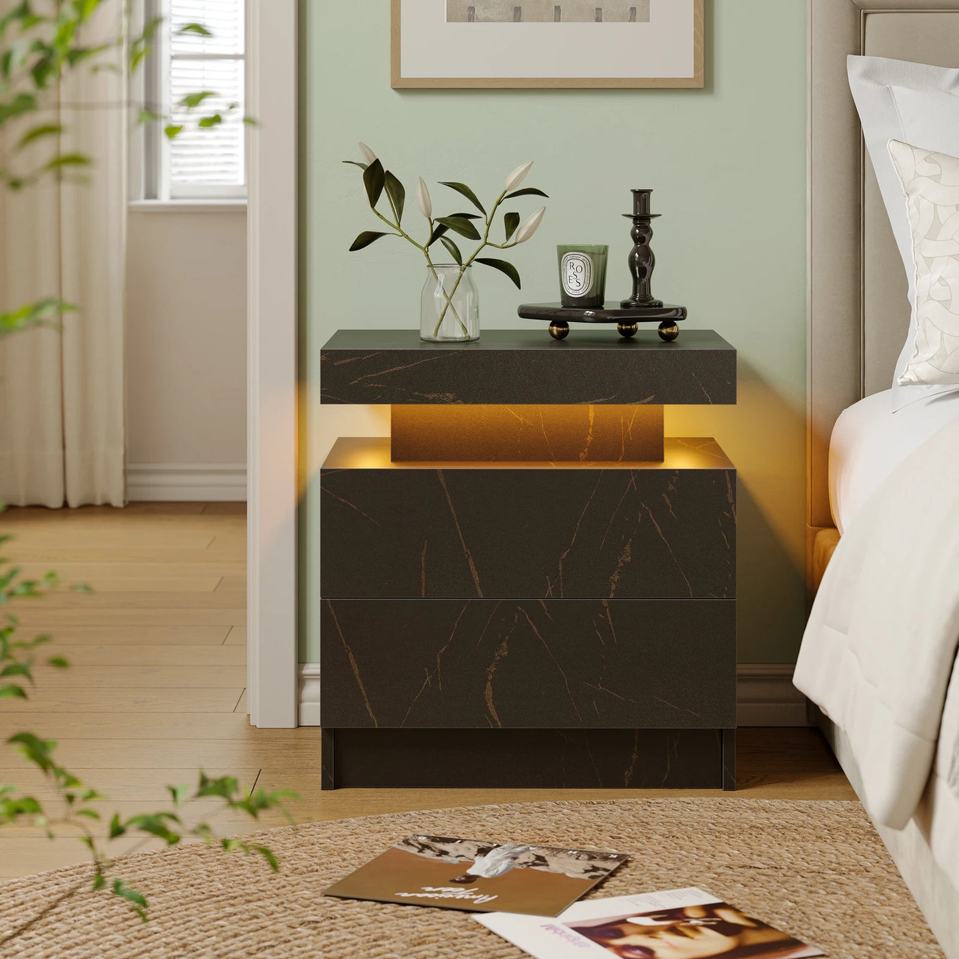 Cubehom LED Bedside Table with 2 Drawers Modern Bedside Table LED Nightstands for Bedroom