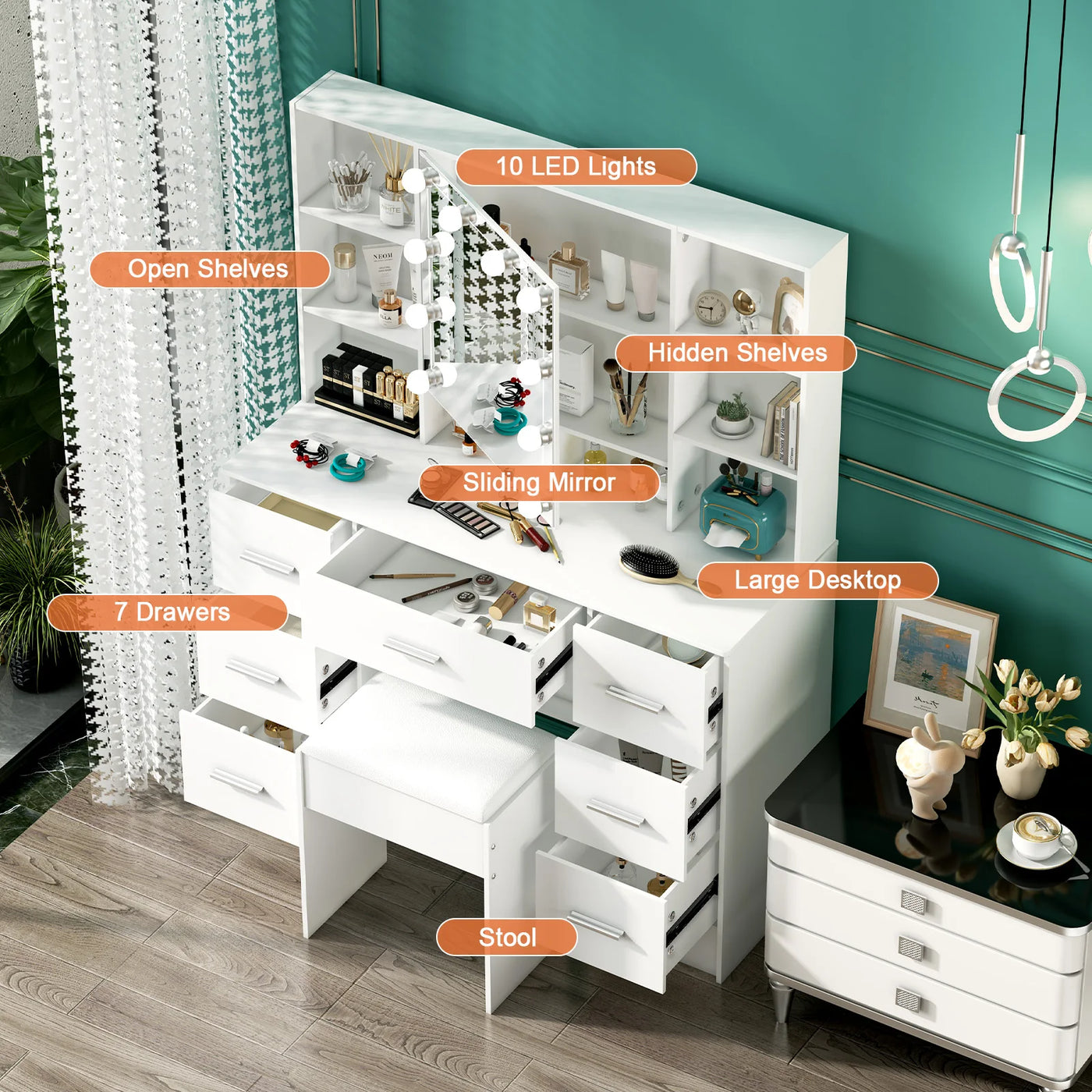 Minimalist Natural Wood Vanity with Light-Up Mirror – 3 Light Modes, Slide-Out Drawers & Shelves