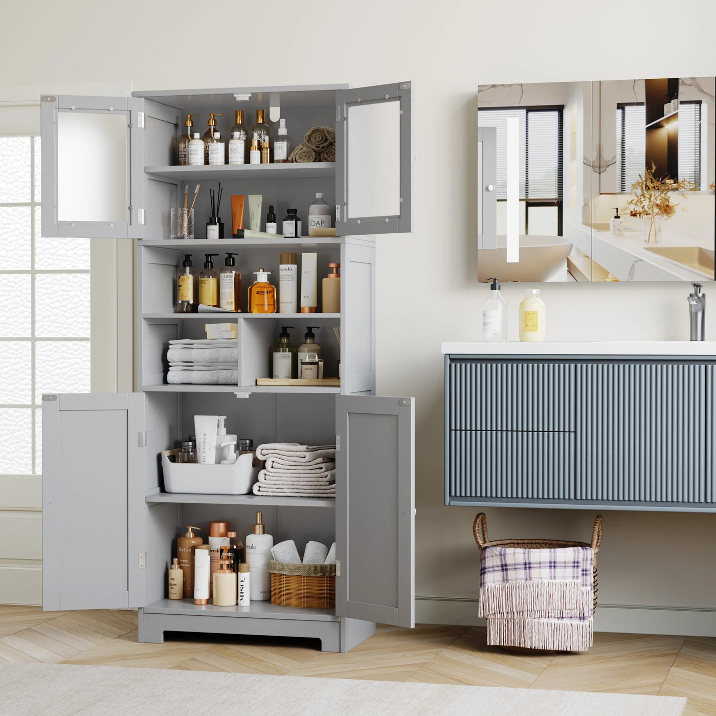 Bathroom wardrobe High, Bathroom wardrobe High wardrobe with 4 Doors Adjustable Floor Kitchen wardrobe High wardrobe Wood
