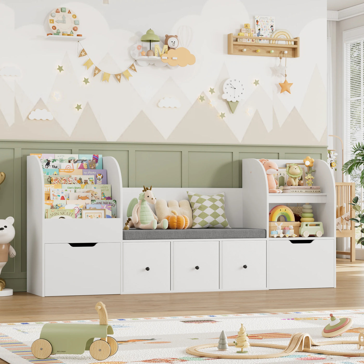 Getone 180.5cm Kids Toy Storage Unit 4-tier Kids Bookshelf with Storage Bench Childrens Bookcase Toy Organiser with 2 Drawers on Wheels, 3 Fabric Drawers for Nursery Playroom Furniture 180.5x35.2x80cm