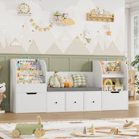 Getone 180.5cm Kids Toy Storage Unit 4-tier Kids Bookshelf with Storage Bench Childrens Bookcase Toy Organiser with 2 Drawers on Wheels, 3 Fabric Drawers for Nursery Playroom Furniture 180.5x35.2x80cm