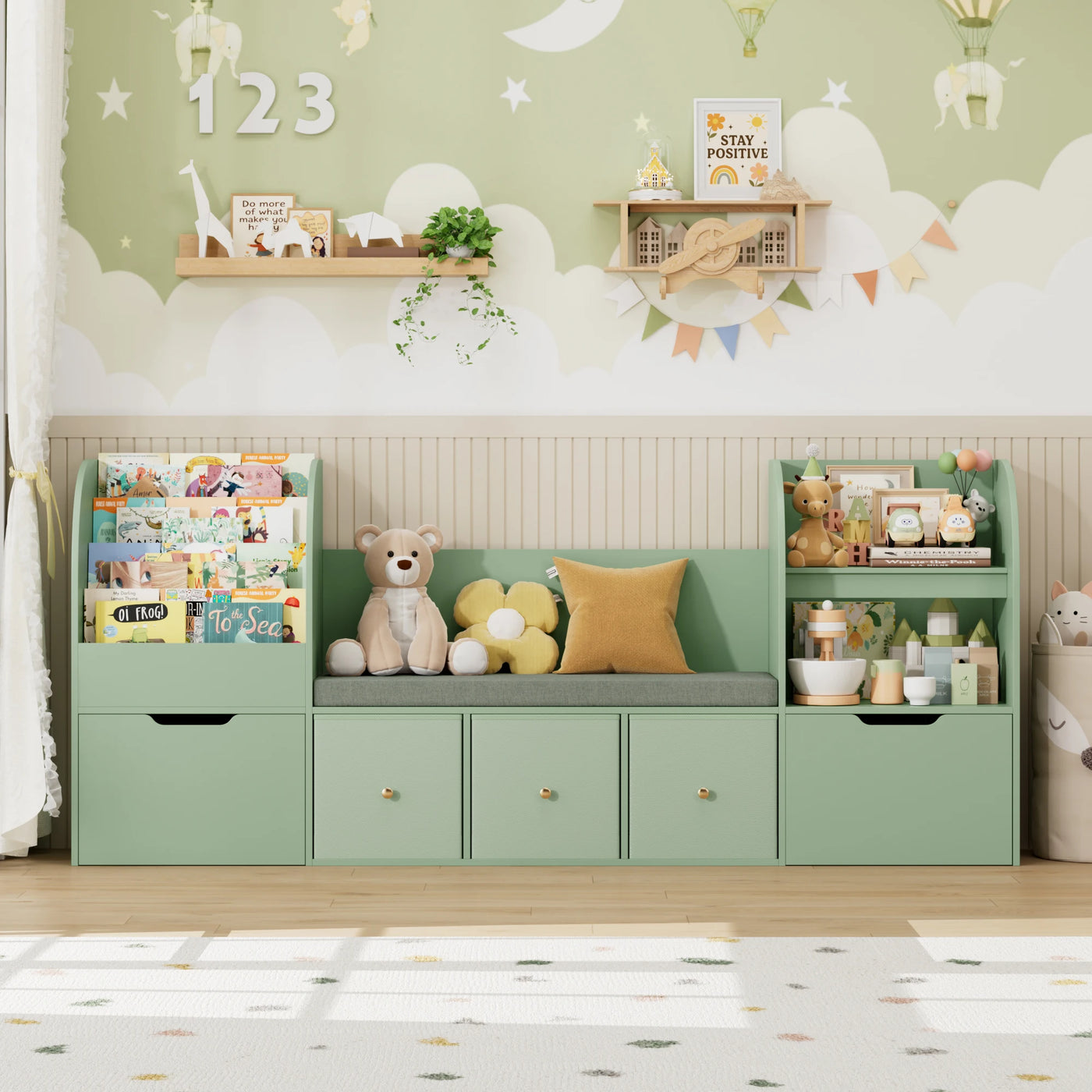 Getone 180.5cm Kids Toy Storage Unit 4-tier Kids Bookshelf with Storage Bench Childrens Bookcase Toy Organiser with 2 Drawers on Wheels, 3 Fabric Drawers for Nursery Playroom Furniture 180.5x35.2x80cm