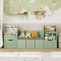 Getone 180.5cm Kids Toy Storage Unit 4-tier Kids Bookshelf with Storage Bench Childrens Bookcase Toy Organiser with 2 Drawers on Wheels, 3 Fabric Drawers for Nursery Playroom Furniture 180.5x35.2x80cm