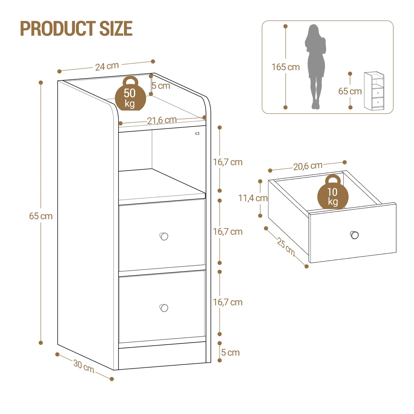 Slim Bedside Table, Narrow Side Table with 2 Drawers, Bedside Cabinet with Open Compartment, Adjustable Drawer Position