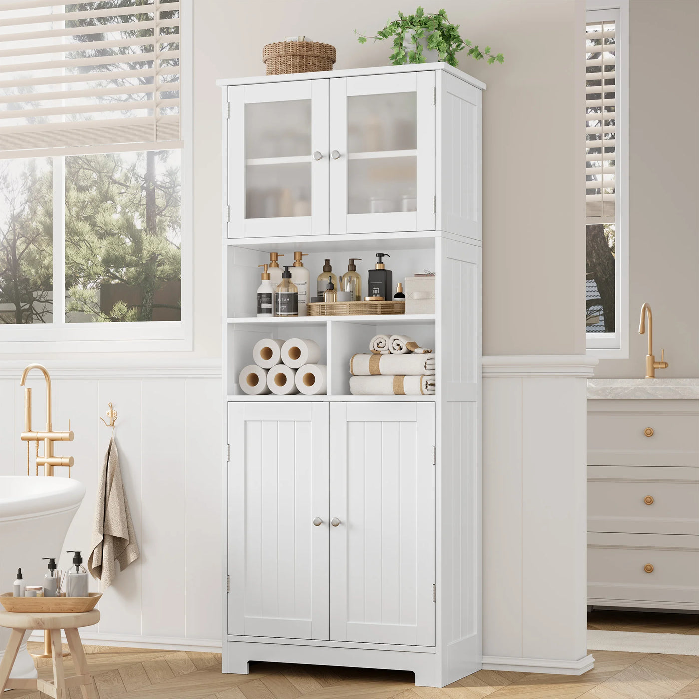 Bathroom wardrobe High, Bathroom wardrobe High wardrobe with 4 Doors Adjustable Floor Kitchen wardrobe High wardrobe Wood