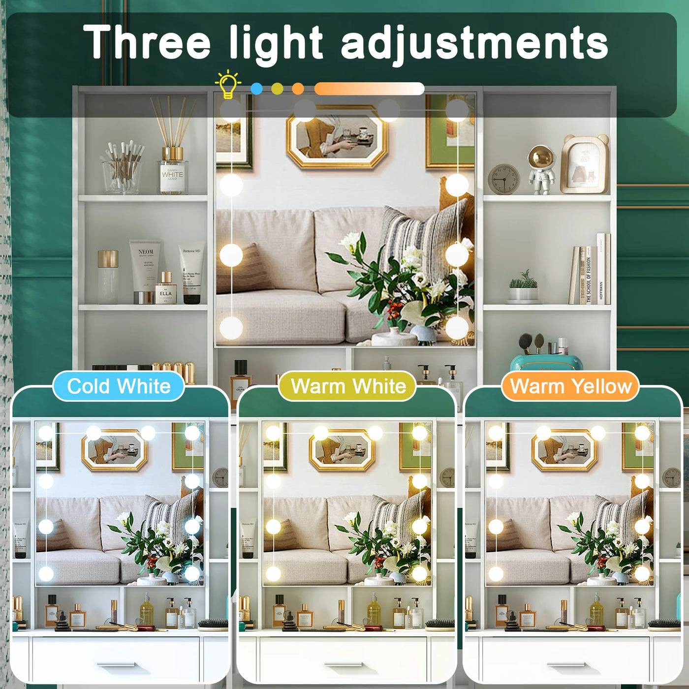 Minimalist Natural Wood Vanity with Light-Up Mirror – 3 Light Modes, Slide-Out Drawers & Shelves