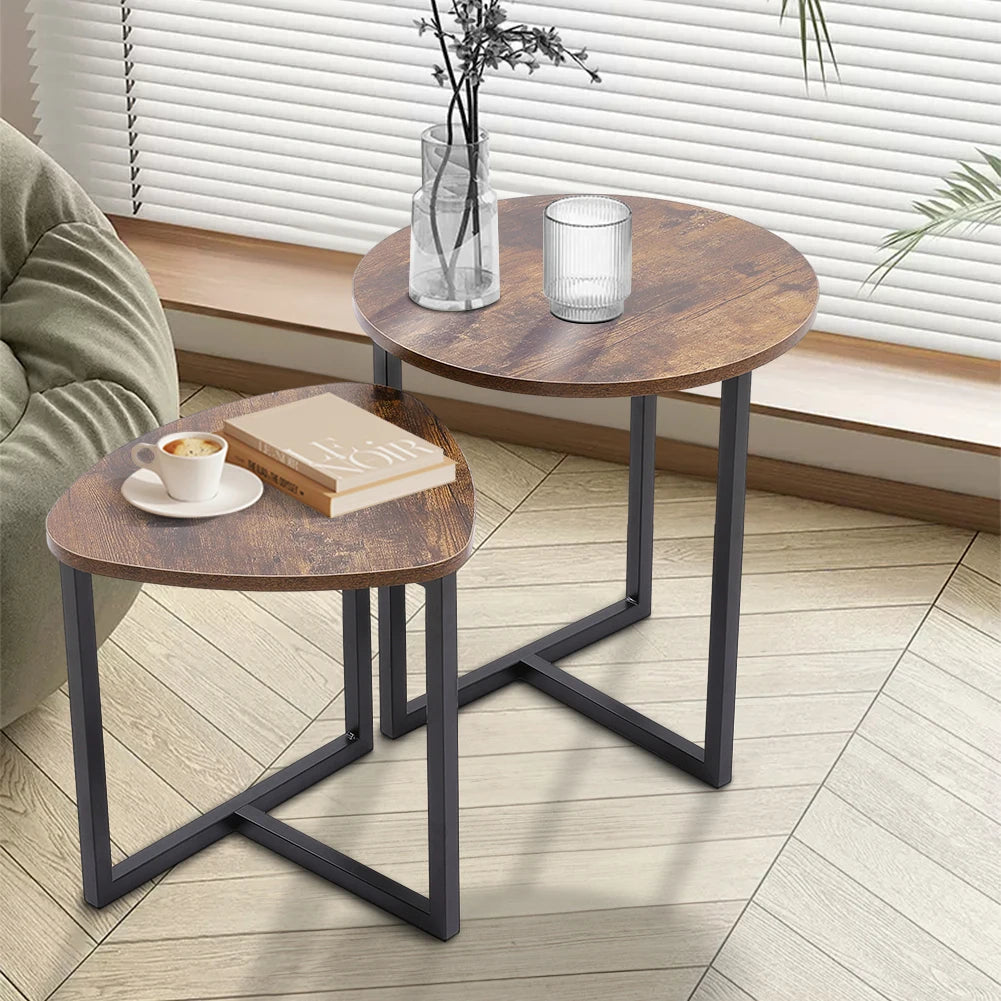 Voltsify Brown Round and Triangular Wooden Tabletop Nesting Side Table Set Modern Coffee Table Bedside Table
