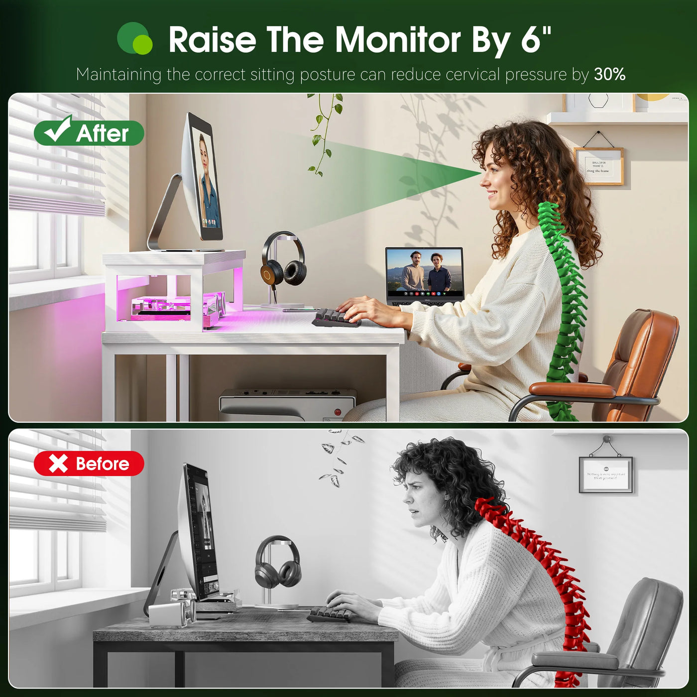 EnHomee  40" L-Shaped Computer Desk with Monitor Stand & 3 Drawers Gaming Desk with Power Outlet and LED Lights for Gaming Home Office