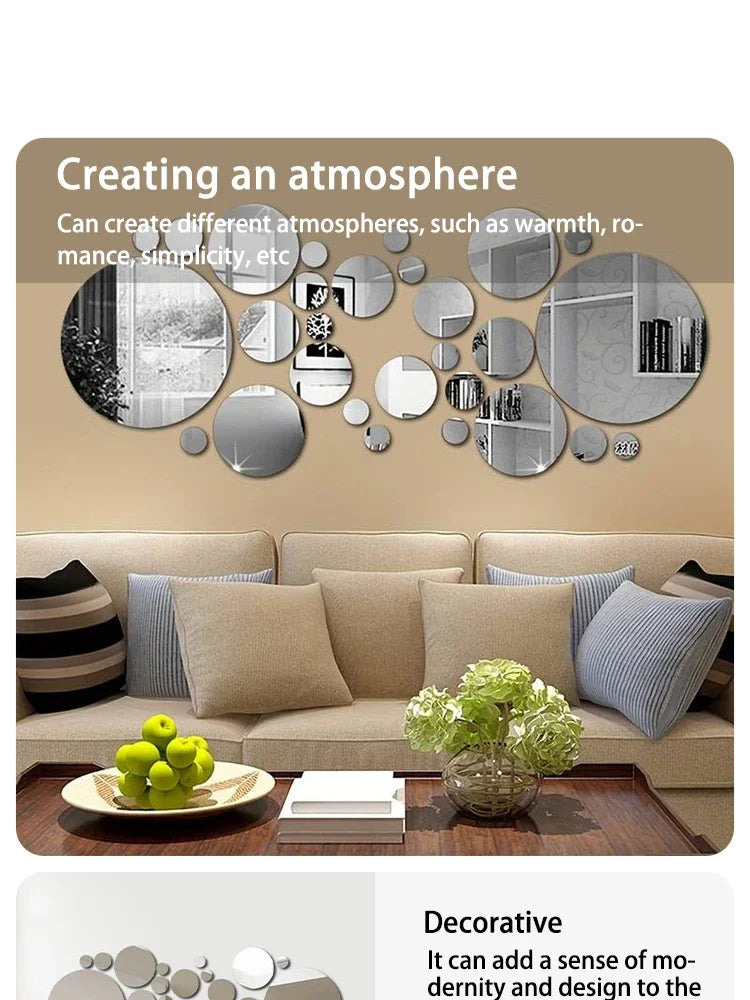 26pcs/Set 3D Round Mirror Wall Sticker Self-Adhesive Diy Decoration Bedroom Living Room Bathroom Background Decoration