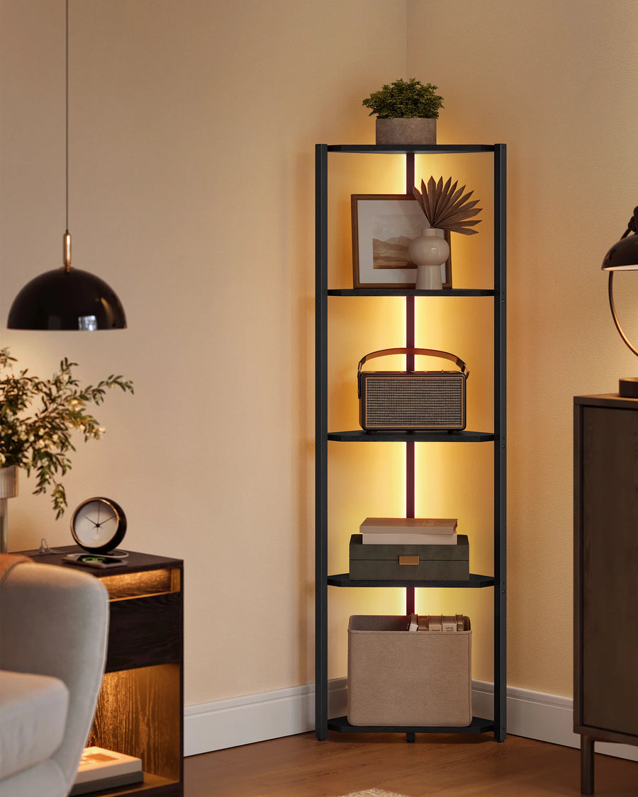 5-Tier Corner Shelf Bookcase with LED Lights – Steel Frame, Storage Unit