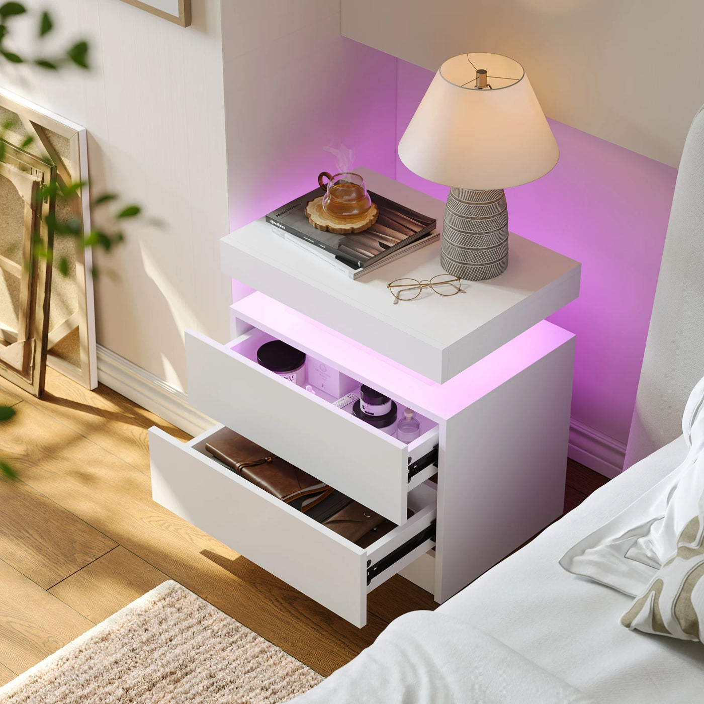 Cubehom LED Bedside Table with 2 Drawers Modern Bedside Table LED Nightstands for Bedroom