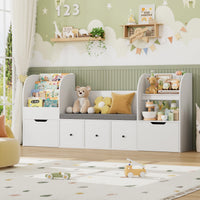 Getone 180.5cm Kids Toy Storage Unit 4-tier Kids Bookshelf with Storage Bench Childrens Bookcase Toy Organiser with 2 Drawers on Wheels, 3 Fabric Drawers for Nursery Playroom Furniture 180.5x35.2x80cm