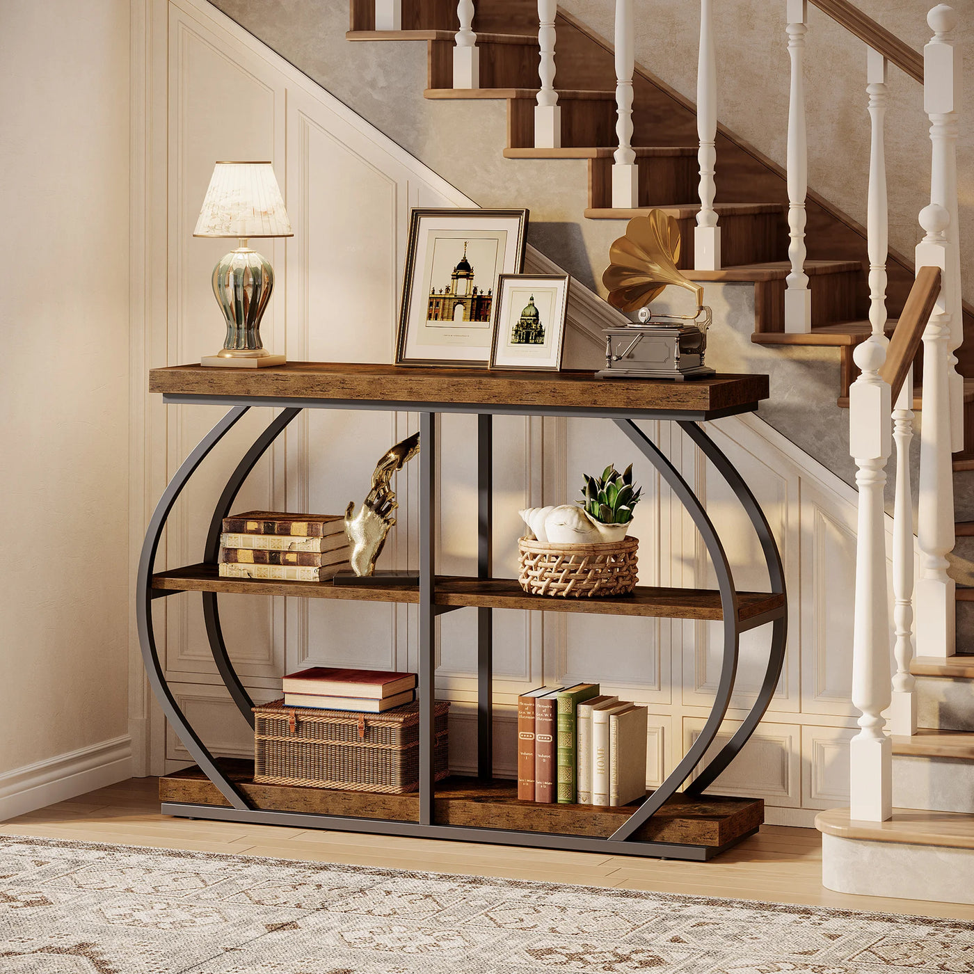 Tribesigns 41.3" Console Table, Industrial 3-Tier Entryway Table with Arched Metal Frame and Storage Shelves for Living Room