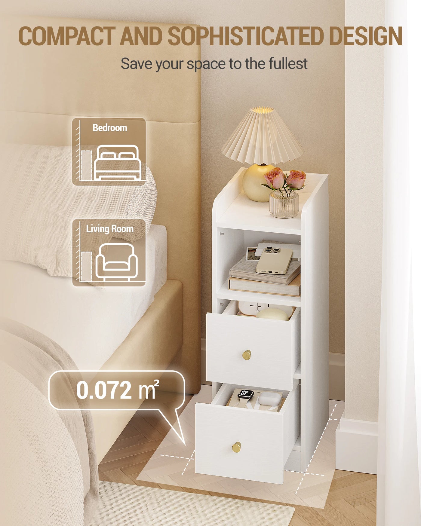 Slim Bedside Table, Narrow Side Table with 2 Drawers, Bedside Cabinet with Open Compartment, Adjustable Drawer Position