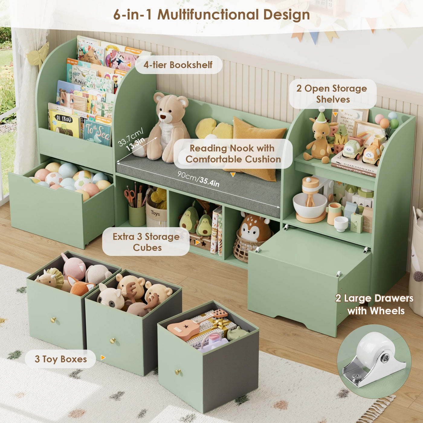 Getone 180.5cm Kids Toy Storage Unit 4-tier Kids Bookshelf with Storage Bench Childrens Bookcase Toy Organiser with 2 Drawers on Wheels, 3 Fabric Drawers for Nursery Playroom Furniture 180.5x35.2x80cm